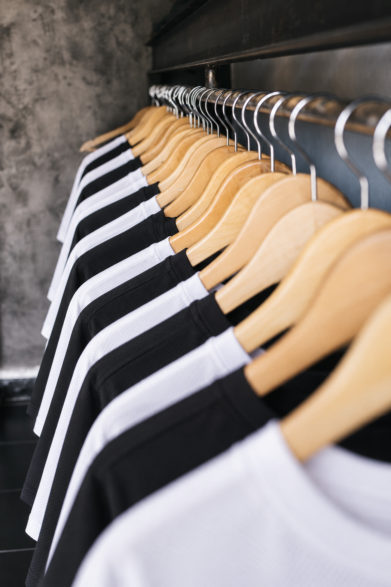 Weiße und schwarze T-Shirts auf Holzbügeln