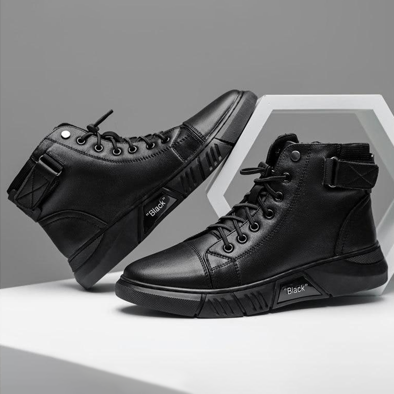 Botines de Piel Negros para Hombre con Cierre y Correa