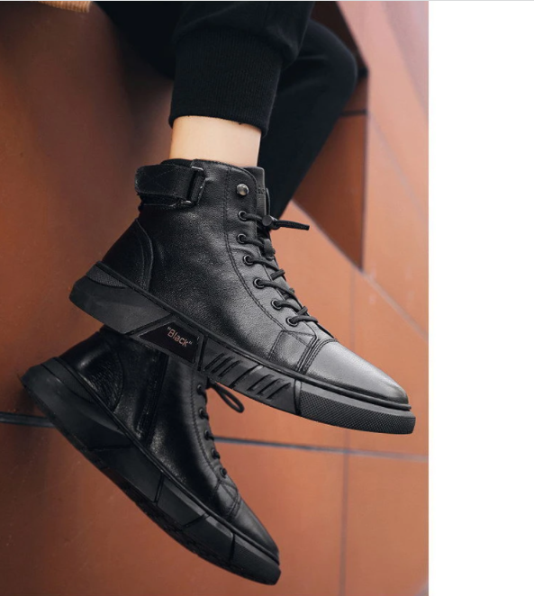 Botines de Piel Negros para Hombre con Cierre y Correa