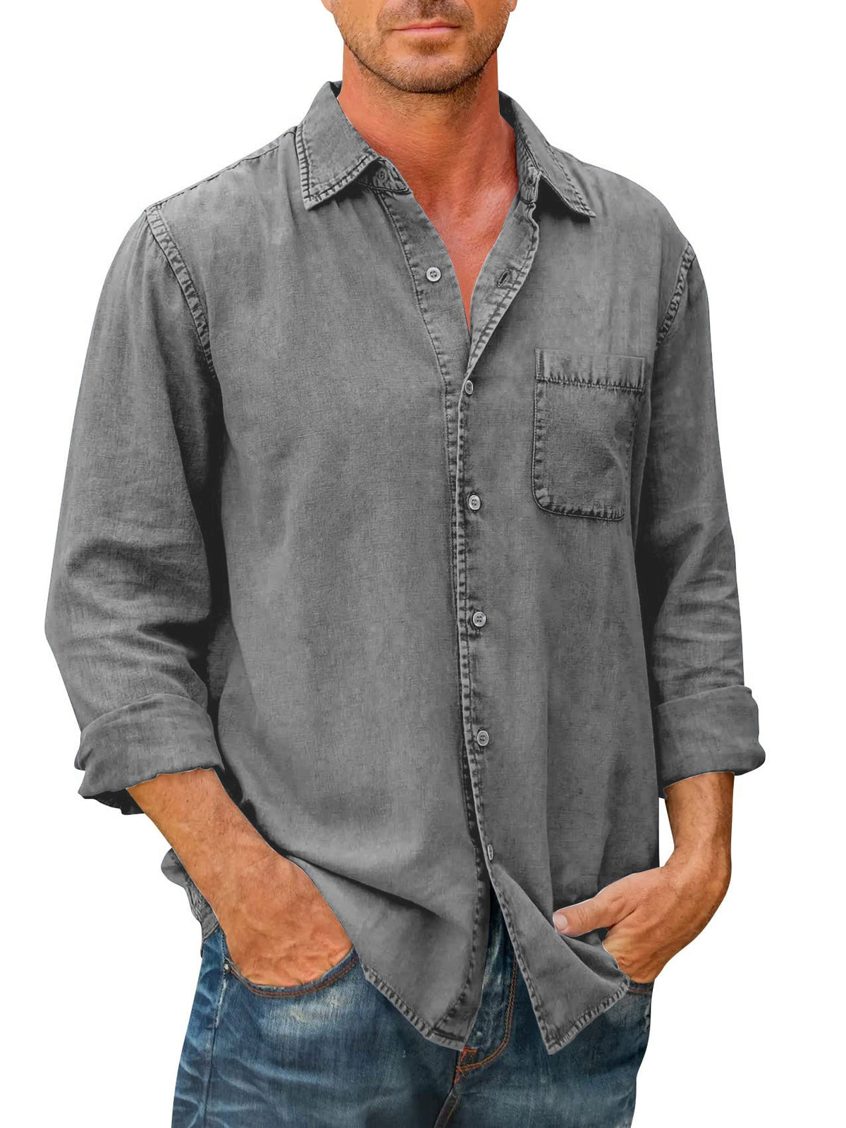 Camisa Casual Manga Larga para Hombre con Bolsillo