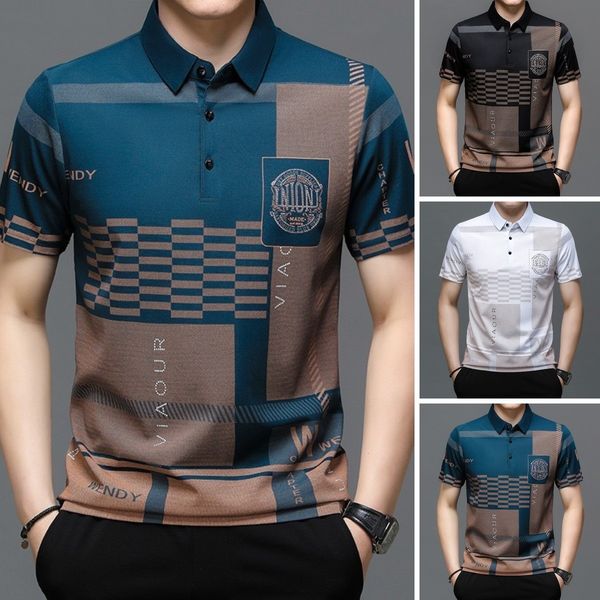 Camisa Estampada Manga Corta de Seda Fría para Hombre