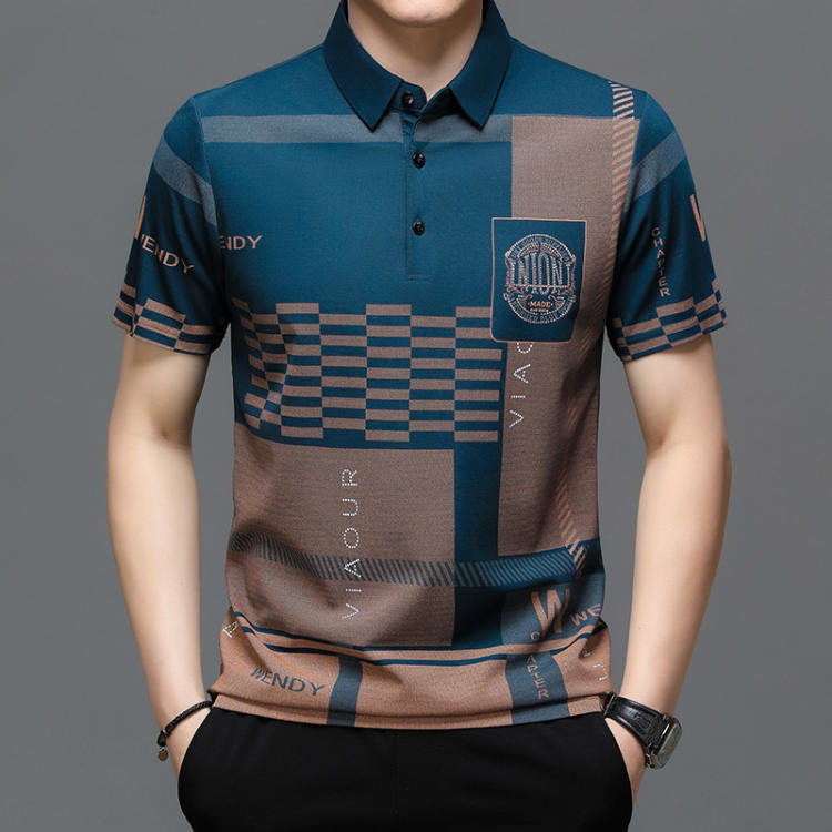 Camisa Estampada Manga Corta de Seda Fría para Hombre