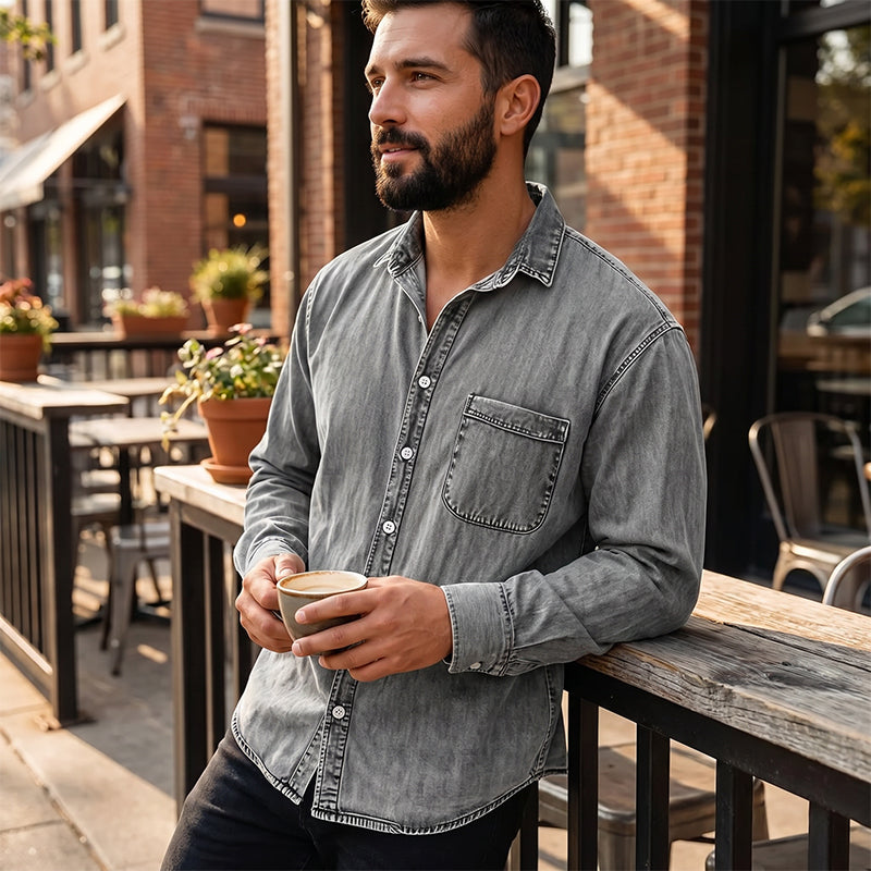 Camisa Lavada Manga Larga para Hombre con Bolsillo