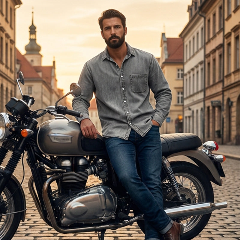 Camisa Lavada Manga Larga para Hombre con Bolsillo