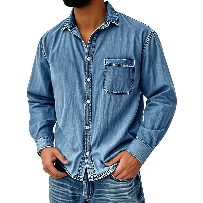 Camisa Lavada Manga Larga para Hombre con Bolsillo