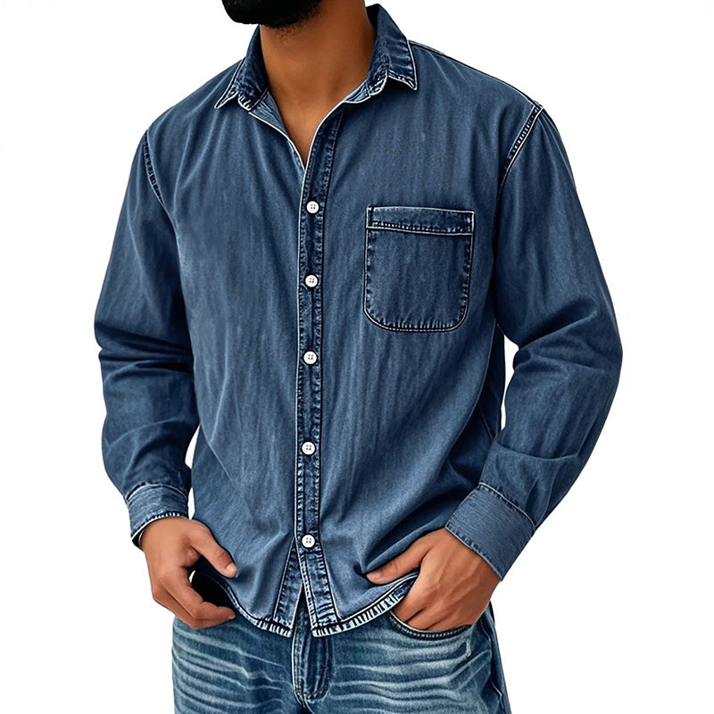 Camisa Lavada Manga Larga para Hombre con Bolsillo