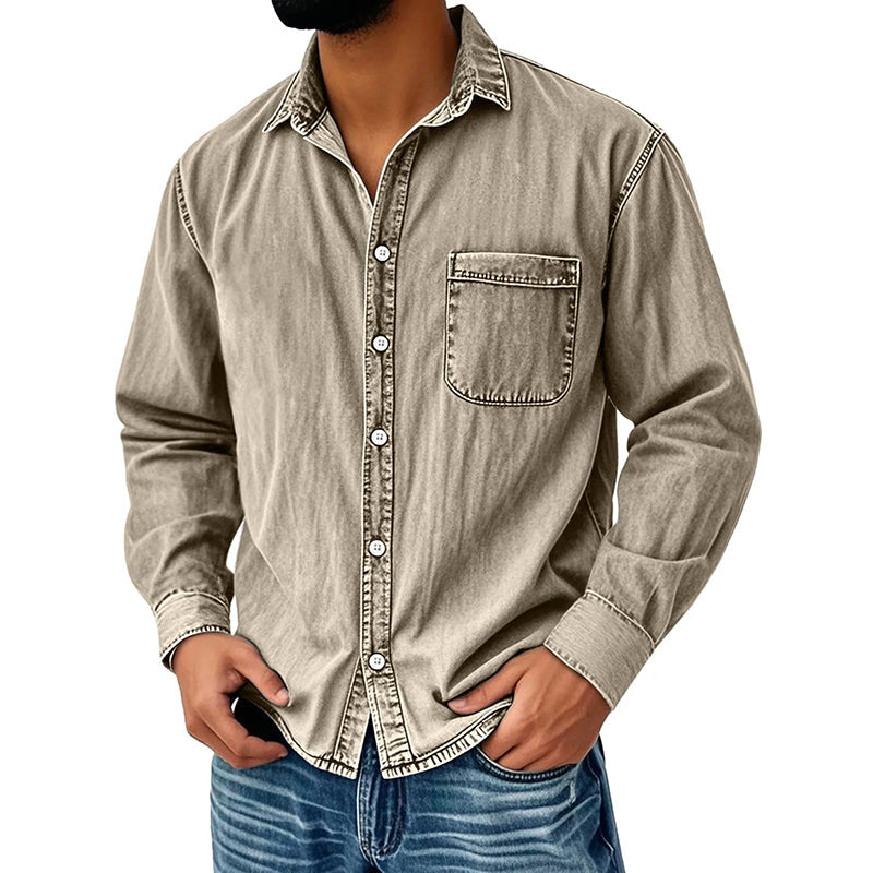 Camisa Lavada Manga Larga para Hombre con Bolsillo