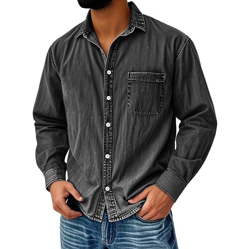 Camisa Lavada Manga Larga para Hombre con Bolsillo