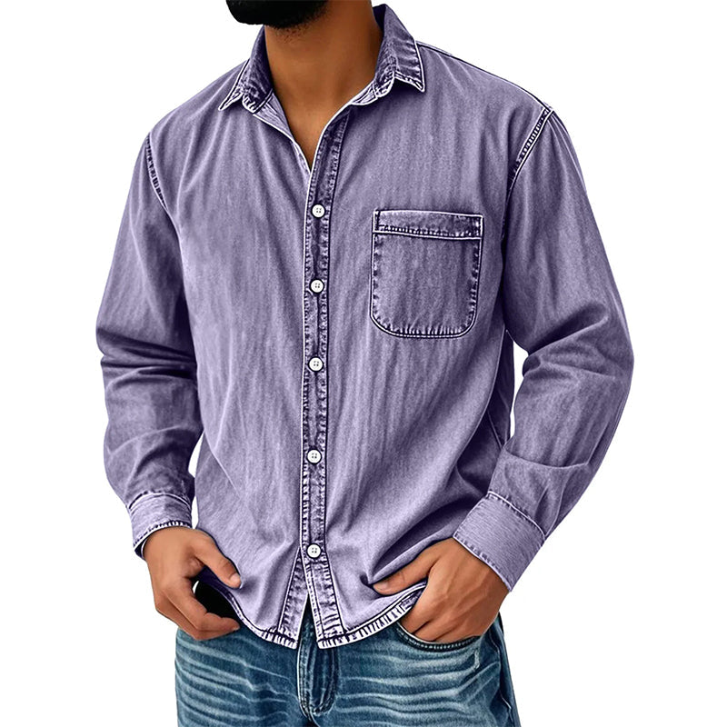 Camisa Lavada Manga Larga para Hombre con Bolsillo