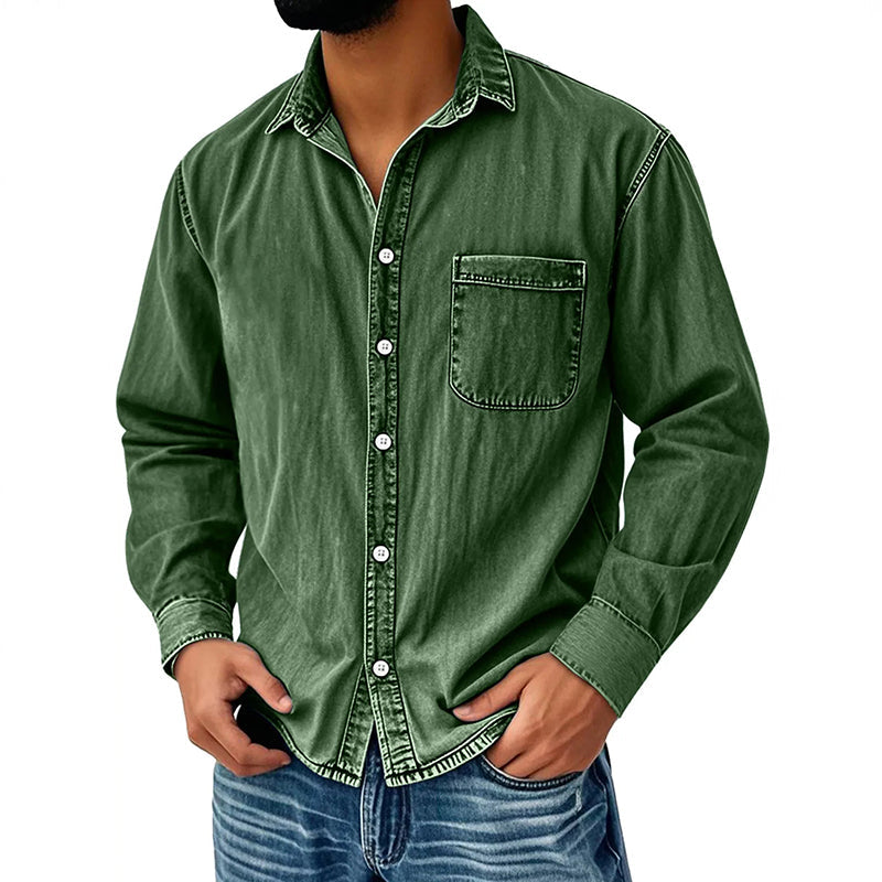 Camisa Lavada Manga Larga para Hombre con Bolsillo