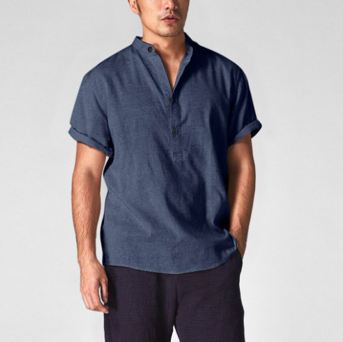 Camisa de Lino Manga Corta Cuello Mao para Hombre
