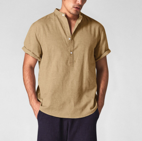 Camisa de Lino Manga Corta Cuello Mao para Hombre