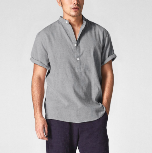 Camisa de Lino Manga Corta Cuello Mao para Hombre