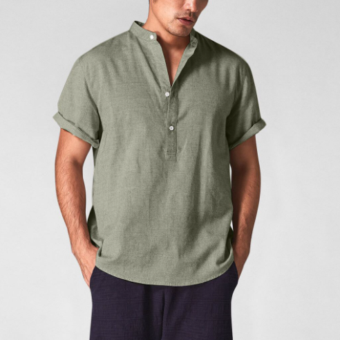 Camisa de Lino Manga Corta Cuello Mao para Hombre