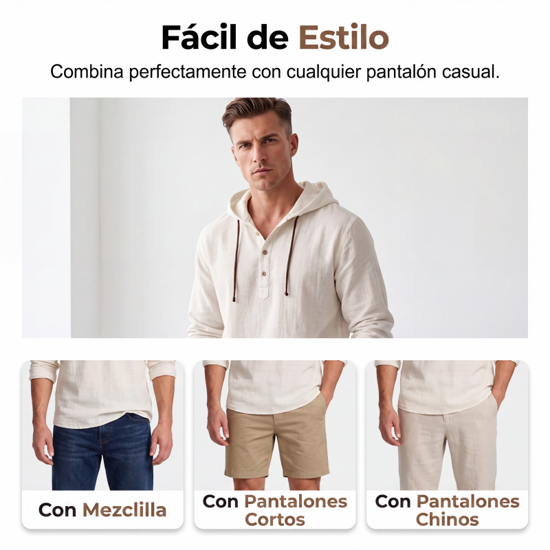 Camisa de Lino con Capucha para Hombre Manga Larga