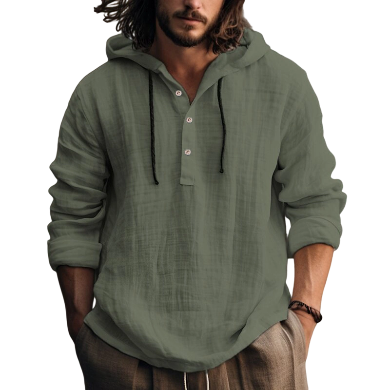 Camisa de Lino con Capucha para Hombre Manga Larga