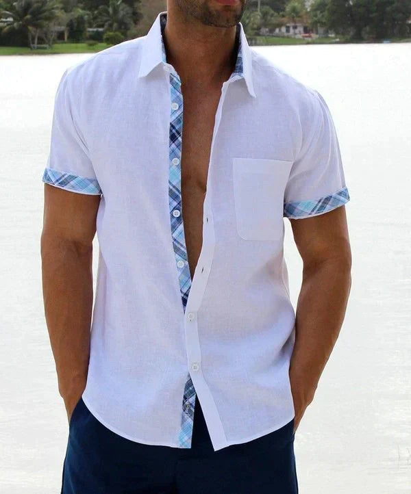 Camisa Manga Corta para Hombre con Detalle Estampado en Cuello y Puños