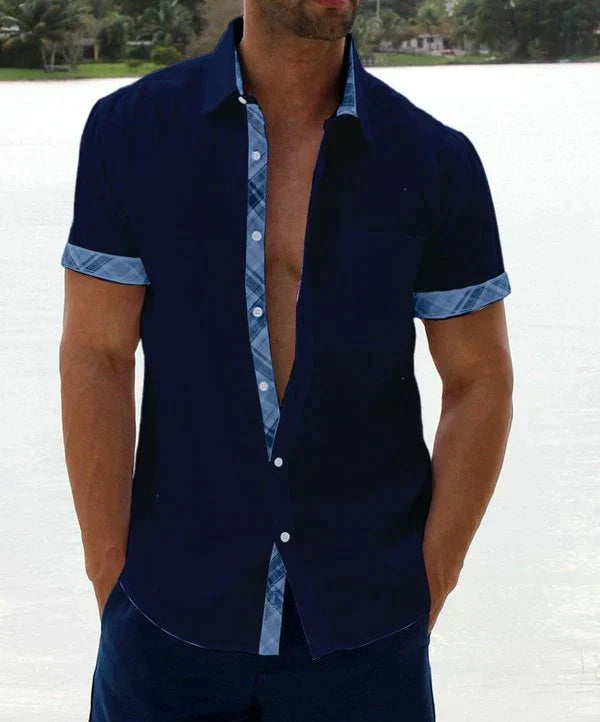 Camisa Manga Corta para Hombre con Detalle Estampado en Cuello y Puños