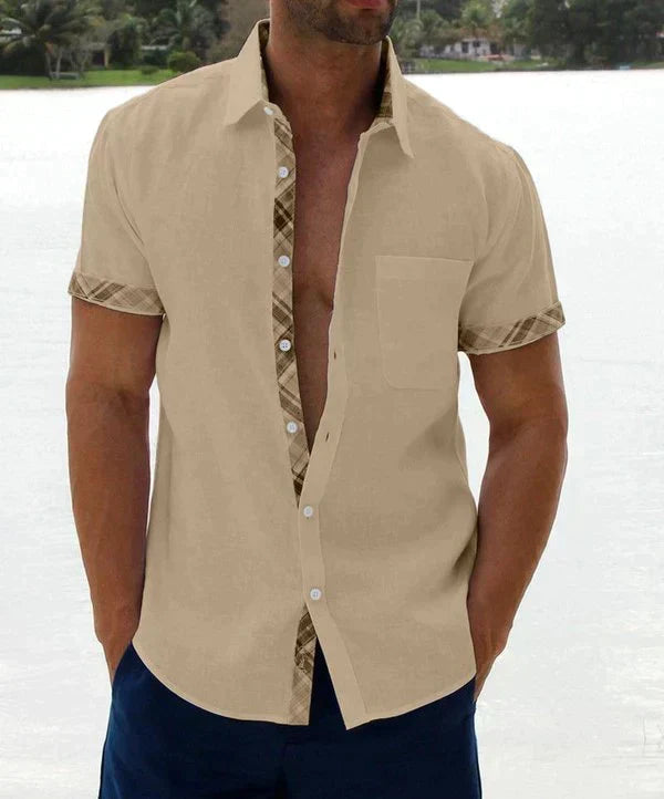 Camisa Manga Corta para Hombre con Detalle Estampado en Cuello y Puños