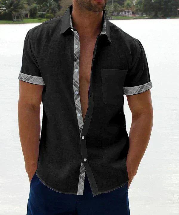 Camisa Manga Corta para Hombre con Detalle Estampado en Cuello y Puños