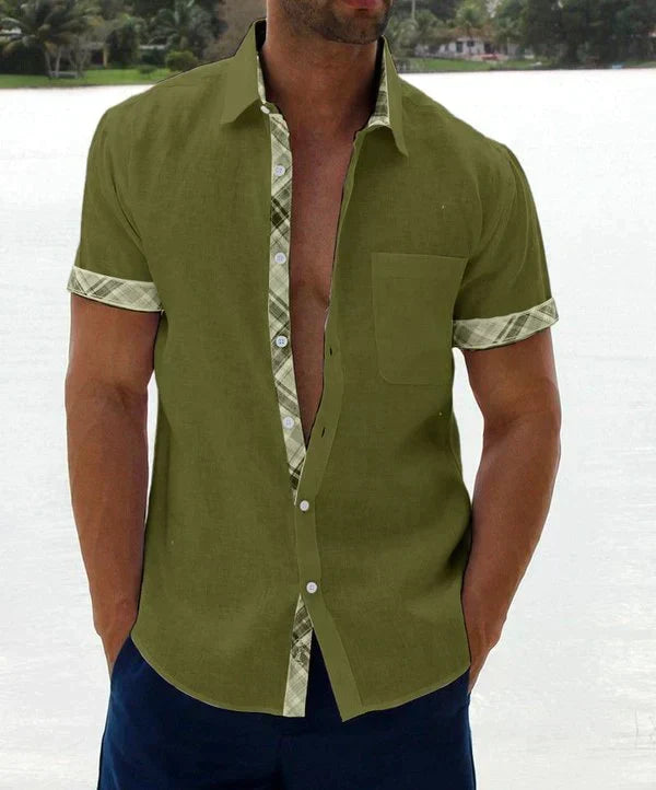 Camisa Manga Corta para Hombre con Detalle Estampado en Cuello y Puños
