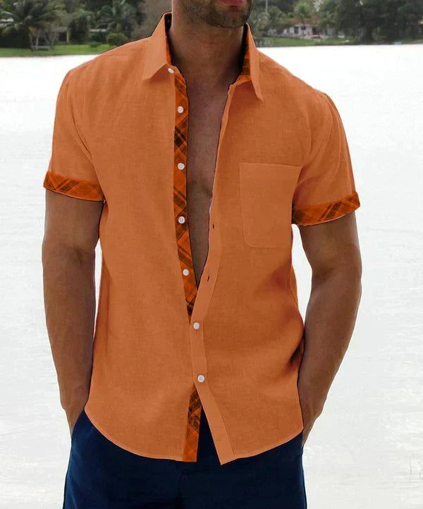 Camisa Manga Corta para Hombre con Detalle Estampado en Cuello y Puños