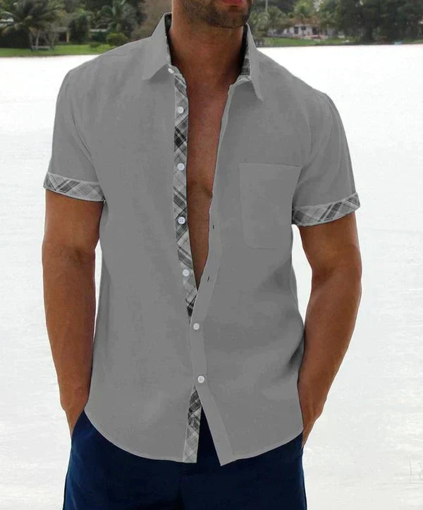 Camisa Manga Corta para Hombre con Detalle Estampado en Cuello y Puños
