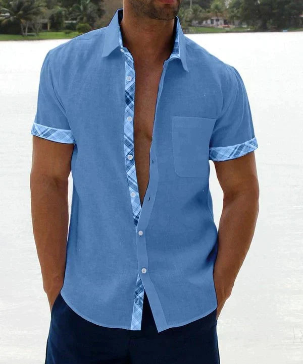 Camisa Manga Corta para Hombre con Detalle Estampado en Cuello y Puños