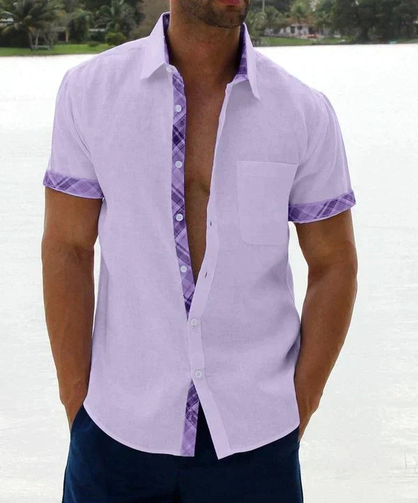 Camisa Manga Corta para Hombre con Detalle Estampado en Cuello y Puños