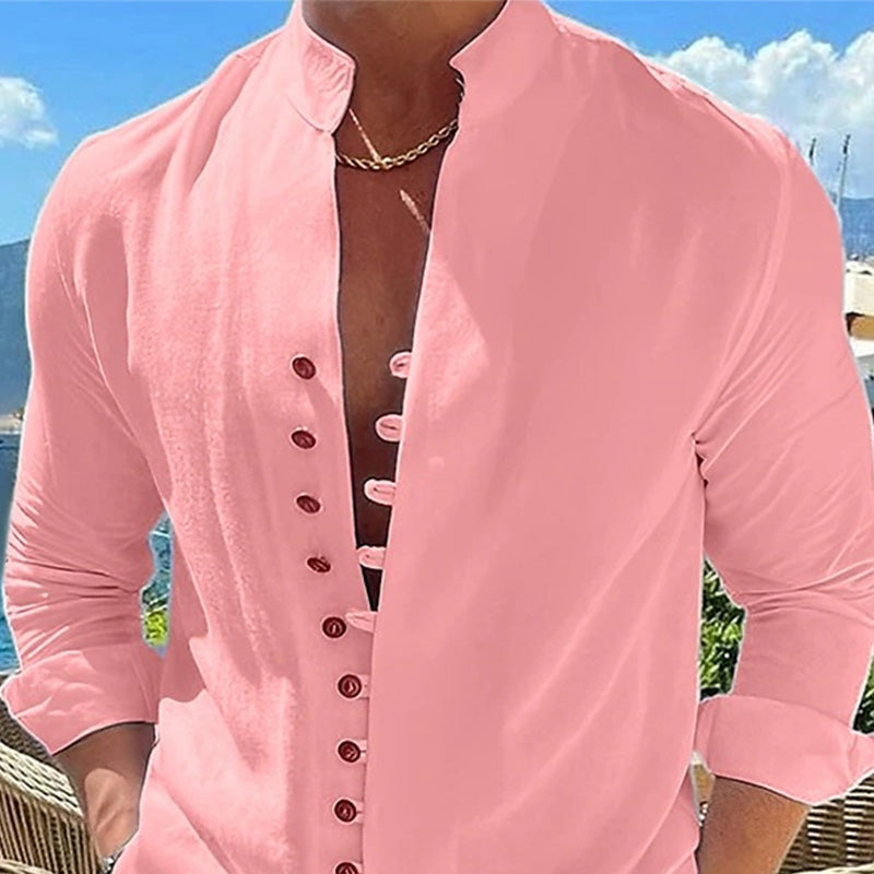 Camisa Manga Larga Cuello Mao para Hombre Estilo Lino