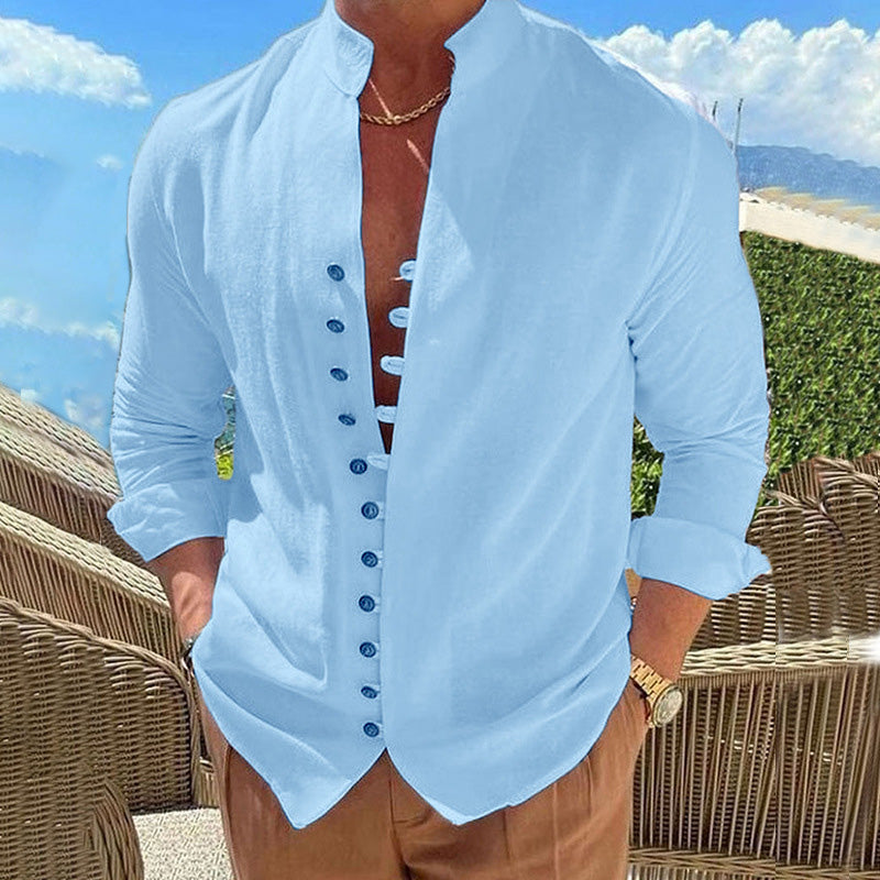 Camisa Manga Larga Cuello Mao para Hombre Estilo Lino