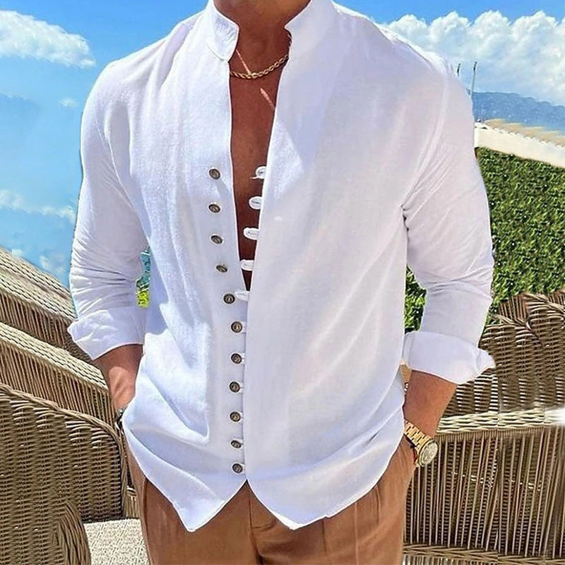 Camisa Manga Larga Cuello Mao para Hombre Estilo Lino