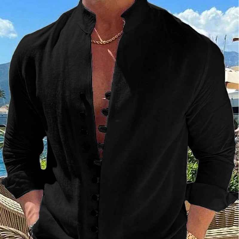 Camisa Manga Larga Cuello Mao para Hombre Estilo Lino