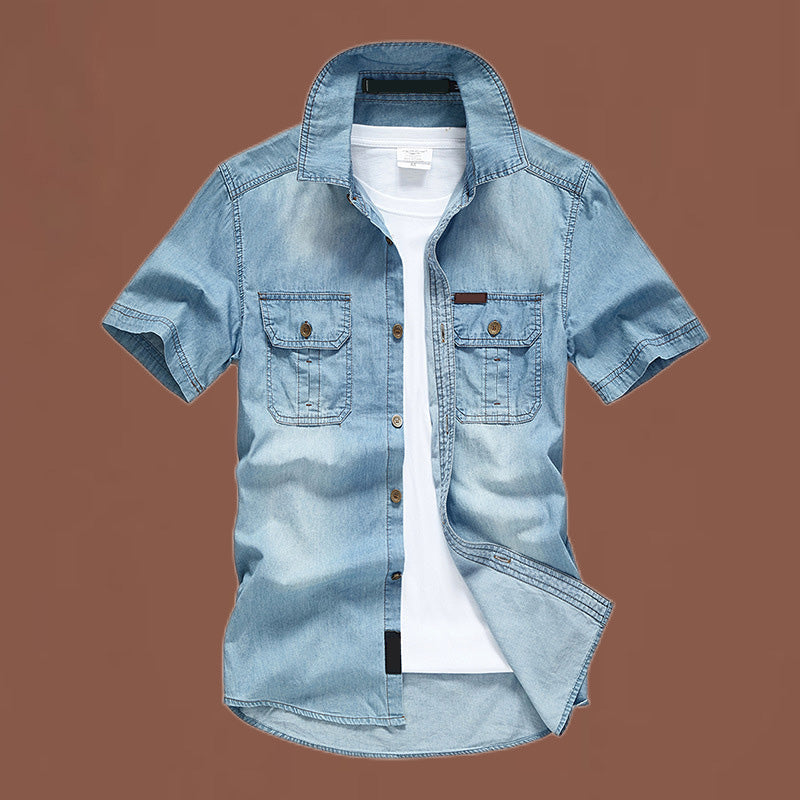 Camisa de Mezclilla Manga Corta para Hombre con Doble Bolsillo