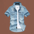 Camisa de Mezclilla Manga Corta para Hombre con Doble Bolsillo