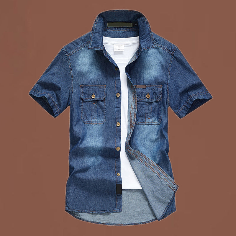 Camisa de Mezclilla Manga Corta para Hombre con Doble Bolsillo