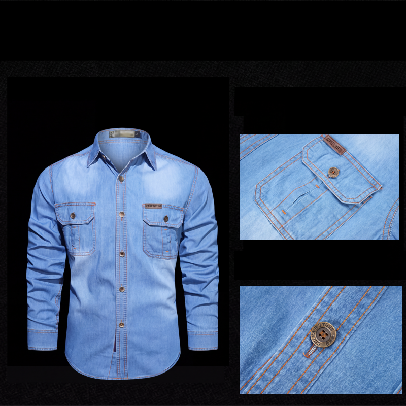 Camisa de Mezclilla Manga Larga para Hombre con Bolsillos