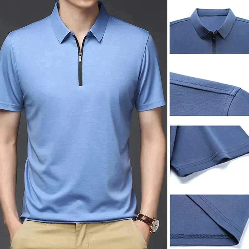 Camisa Polo de Seda Fría para Hombre con Cierre