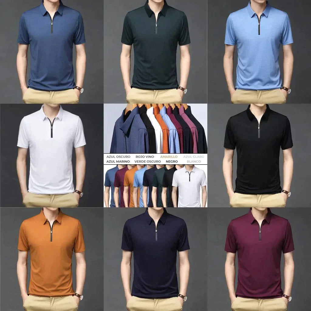 Camisa Polo de Seda Fría para Hombre con Cierre