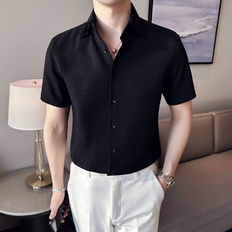 Camisa Waffle de Botones para Hombre Manga Corta