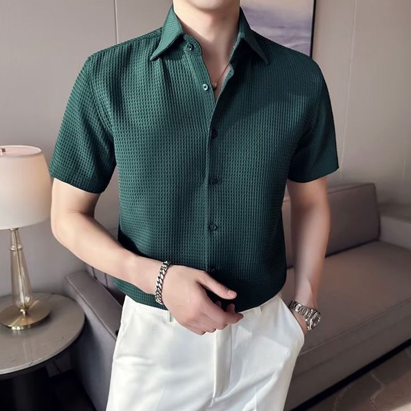 Camisa Waffle de Botones para Hombre Manga Corta
