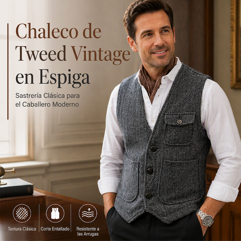 Chaleco de Tweed en Espiga para Hombre con Bolsillos