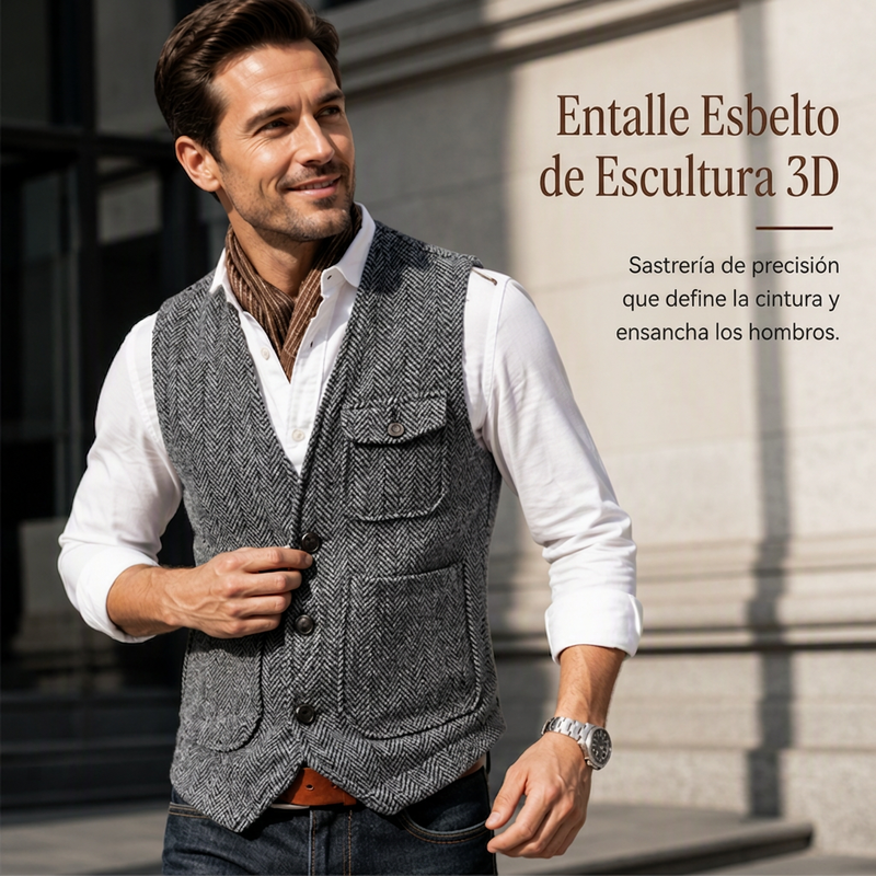 Chaleco de Tweed en Espiga para Hombre con Bolsillos