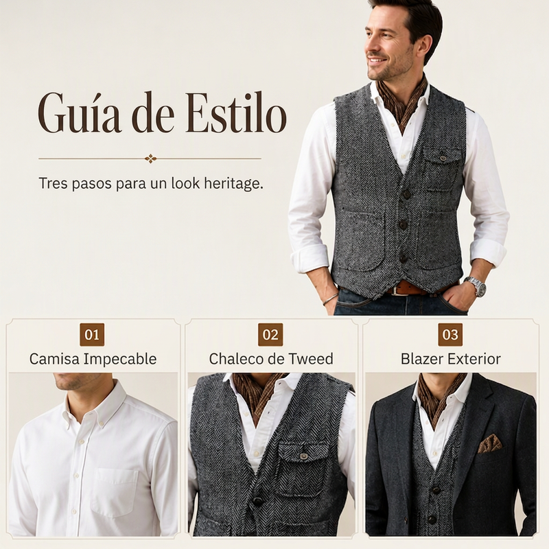 Chaleco de Tweed en Espiga para Hombre con Bolsillos
