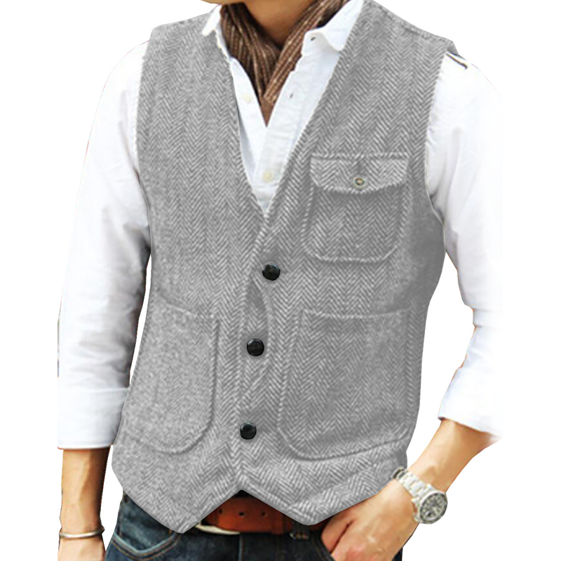 Chaleco de Tweed en Espiga para Hombre con Bolsillos
