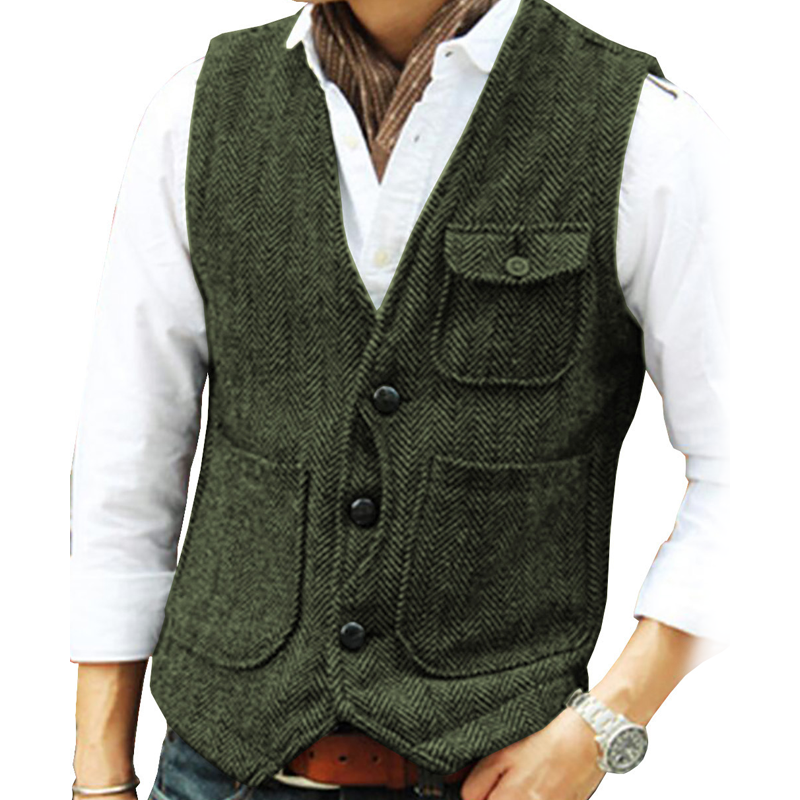 Chaleco de Tweed en Espiga para Hombre con Bolsillos