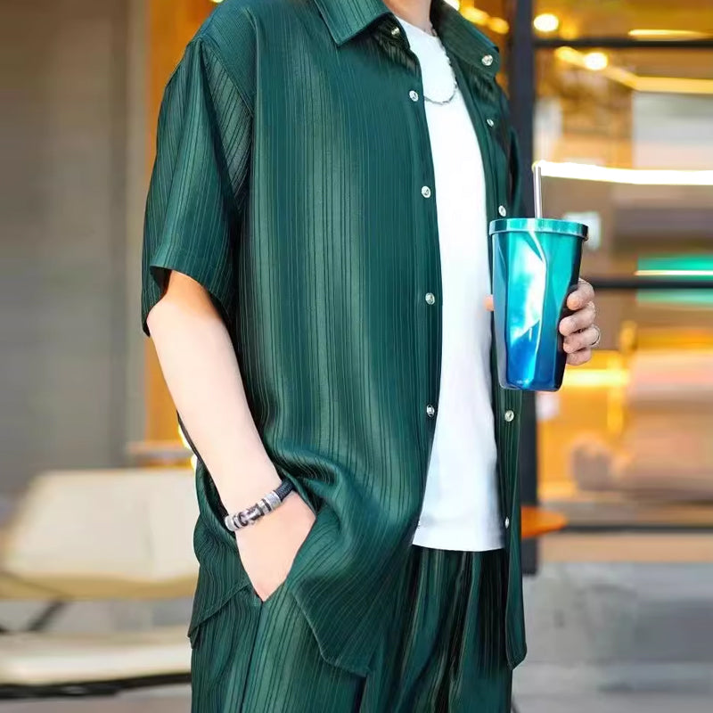 Conjunto de Camisa y Pantalón para Hombre Satinado a Rayas