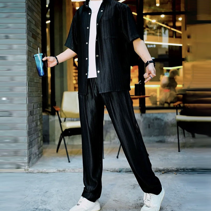 Conjunto de Camisa y Pantalón para Hombre Satinado a Rayas