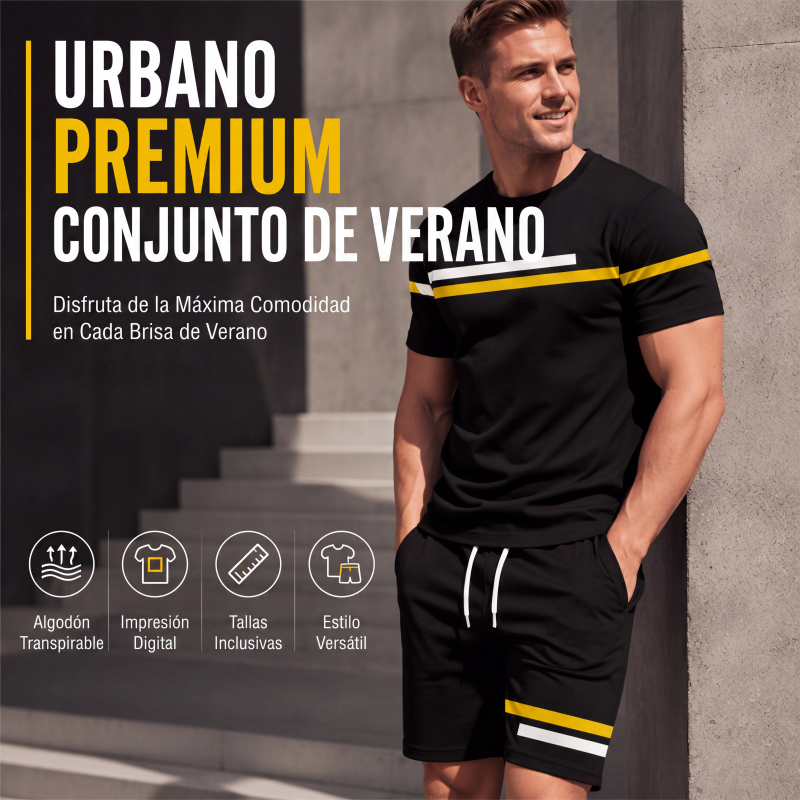 Conjunto de Playera y Short Negro para Hombre con Rayas Deportivas