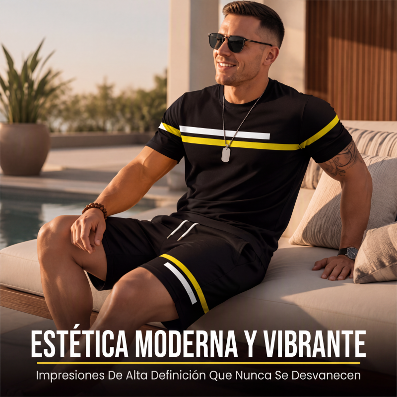 Conjunto de Playera y Short Negro para Hombre con Rayas Deportivas